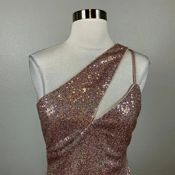 AQUA Women's Cocktail Dress Size 6 Gold Sequin One Shoulder Cut Out Midi Sheath